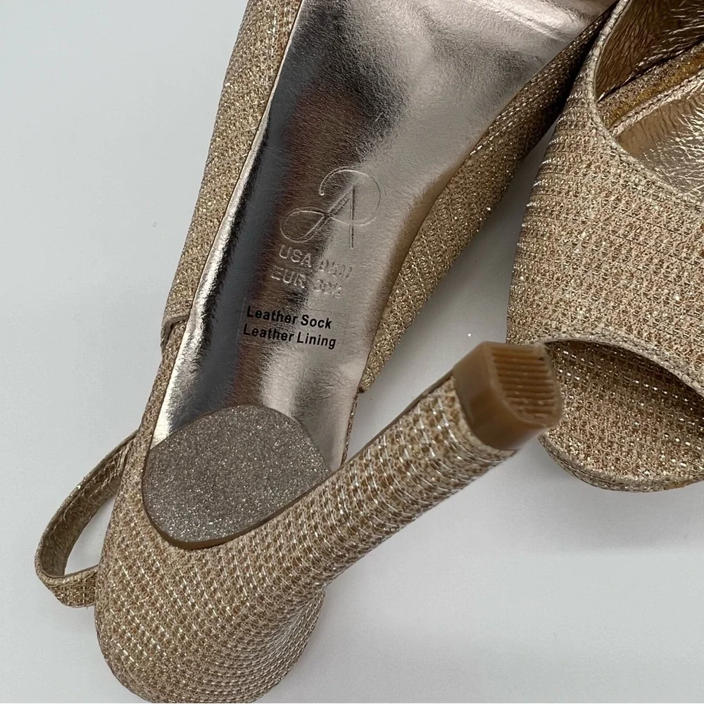Adrianna Papell Gold Glitter Slingback Platform Heels – Peep Toe High Heel Pumps